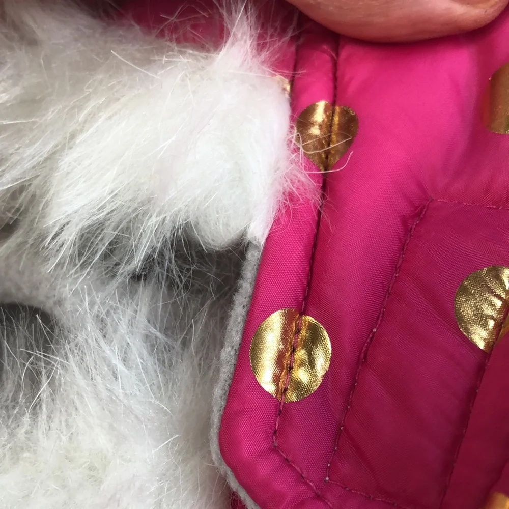 Top Paw Pink Ruffled Gold‎ Metallic Dots Puffy Fleece Lined Hoodie Jacket Coat M